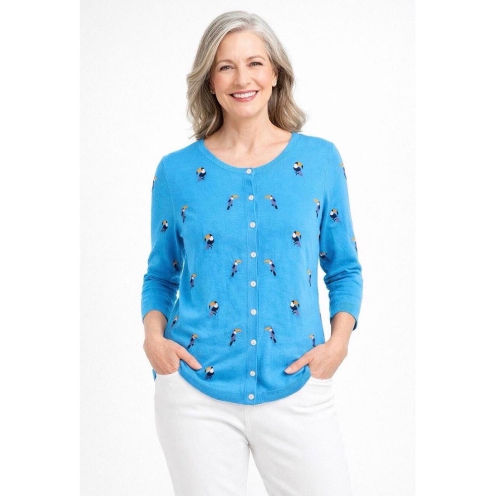 Talbots Petites Blue Toucan Embroidered Cardigan Sweater 3/4 Sleeve PXL NWT